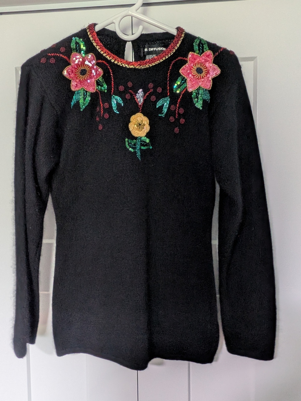 I.B. Diffusion Black Sweater Women XS Flower Sequin Short Sleeve Silk Angora